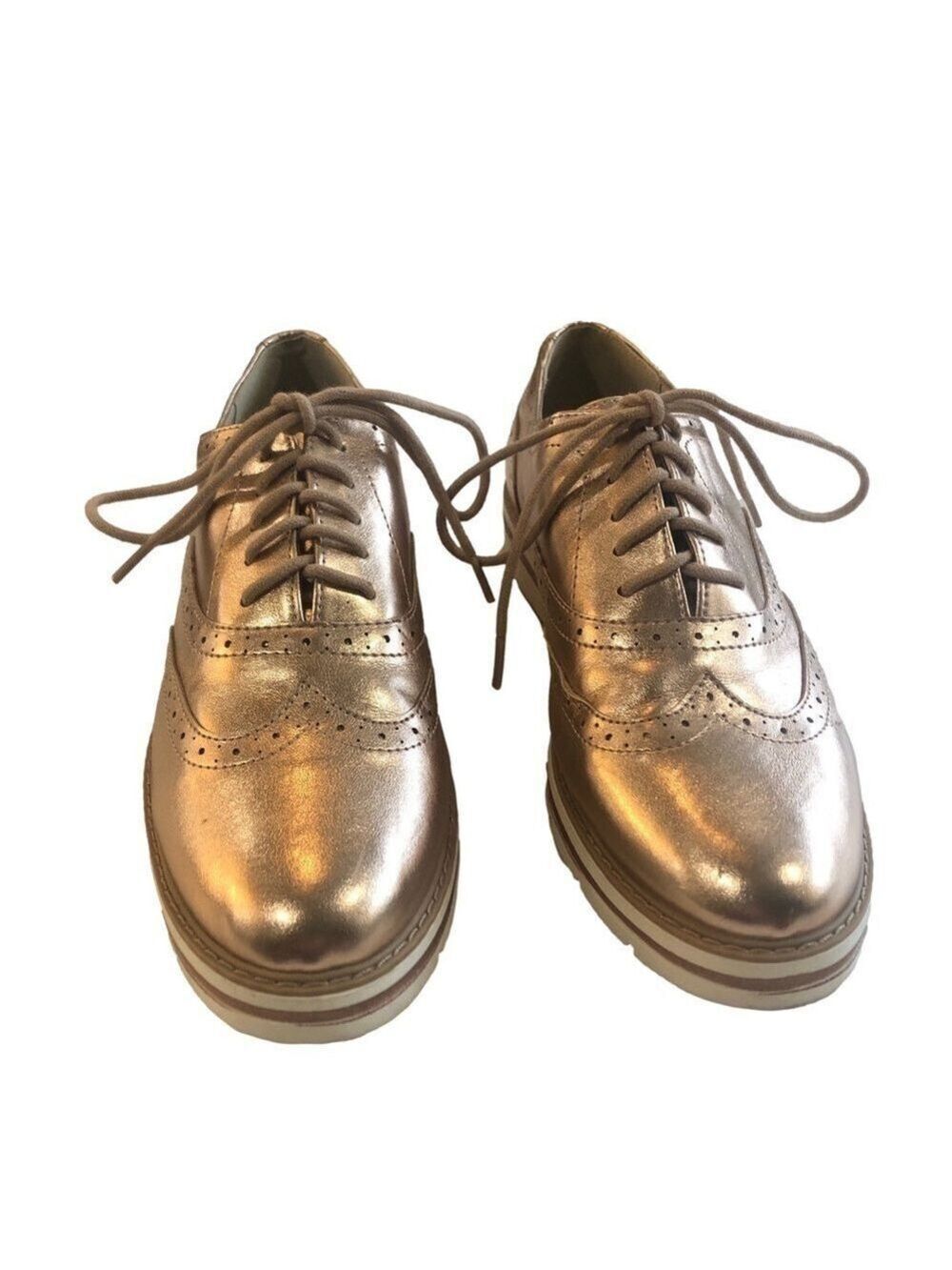Soda Size 8 rose gold wingtip oxfords. Metallic office career academia classic